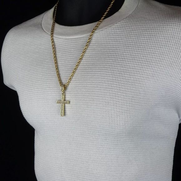 14K Gold Plated Cross On 24" Rope Chain - Picture 2 of 5